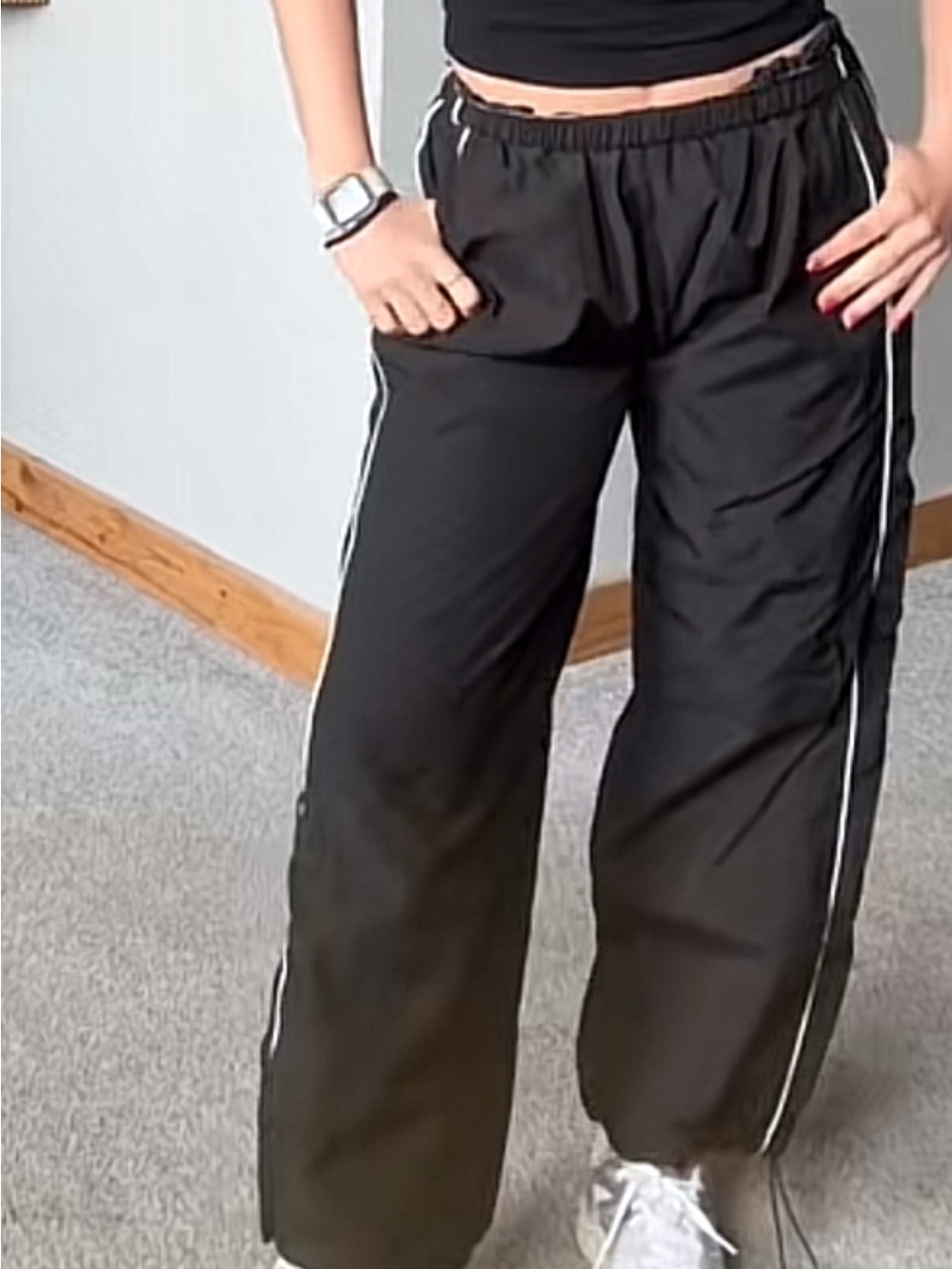 Amazon Black Wide-Leg Track Pants with White Side Stripe